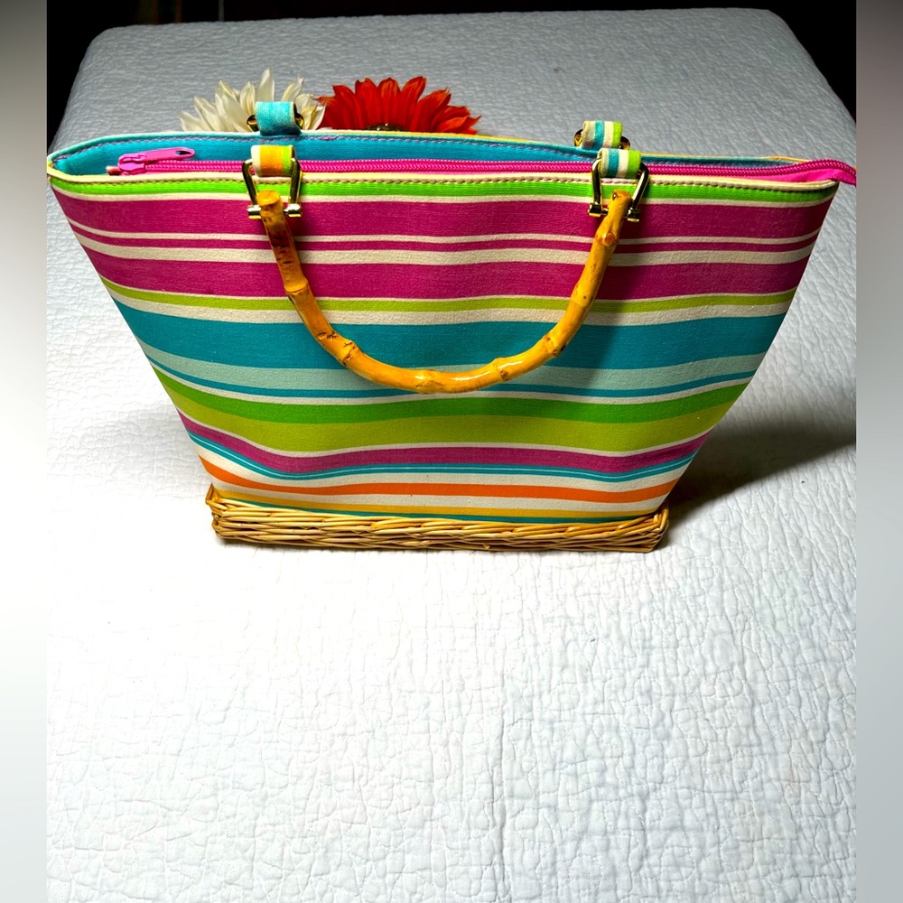 Capelli Straworld Retro Canvas and Wicker Pastel Striped Zippered Purse 2004
